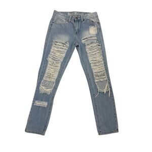 V.I.P Boyfriend Distressed Straight Leg Loose Fit  Denim Blue Jeans Size 1/2